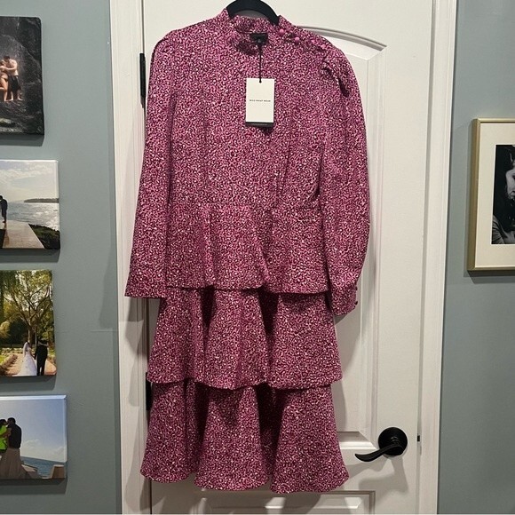 NWT Who What Wear Pink Leopard Print Puff Long Sleeve A- Line Dress Small - Picture 4 of 10